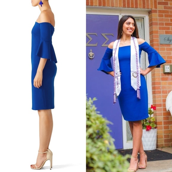 LAUNDRY SHELLI SEGAL Cobalt Crepe Off Shoulder Flare Bell Sleeve Sheath Dress 8 - Picture 4 of 8